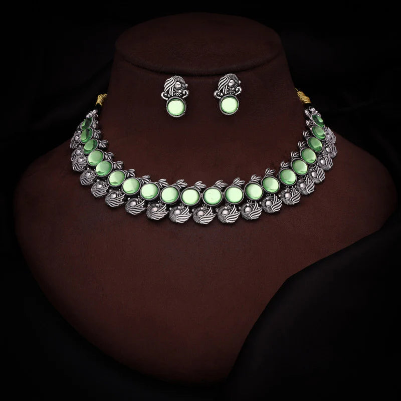 Tehzeeb Creation Silver Plated See Green Colour Stone Jewellery Choker Necklace set with Matching Pair of stud Earrings THZ149