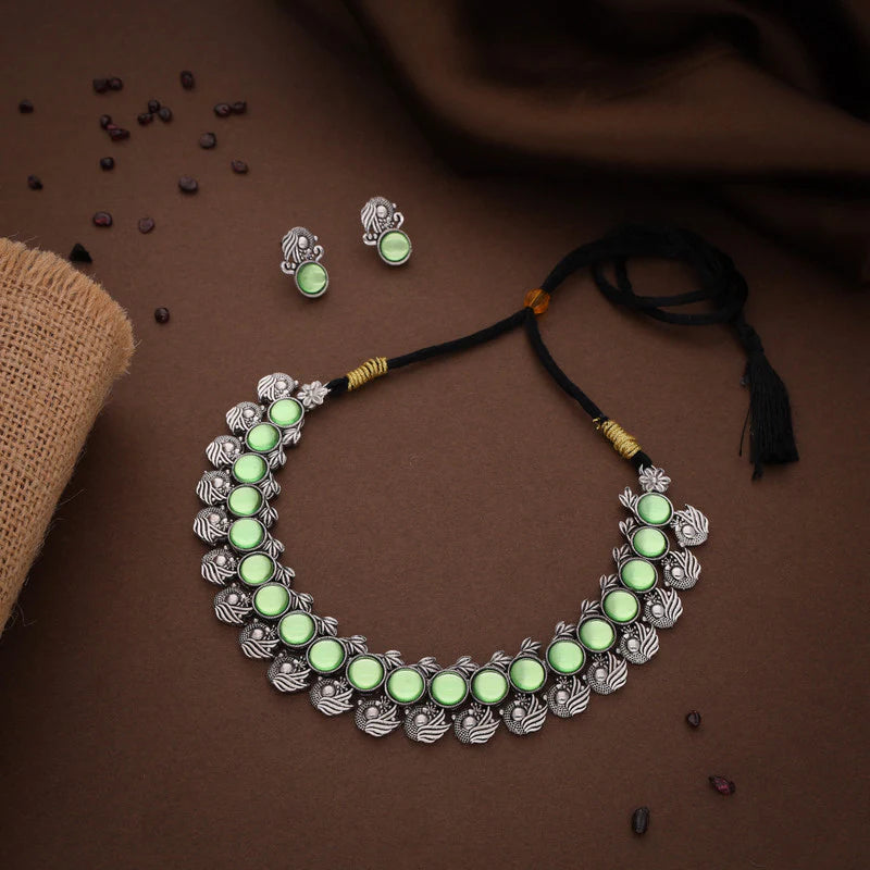 Tehzeeb Creation Silver Plated See Green Colour Stone Jewellery Choker Necklace set with Matching Pair of stud Earrings THZ149