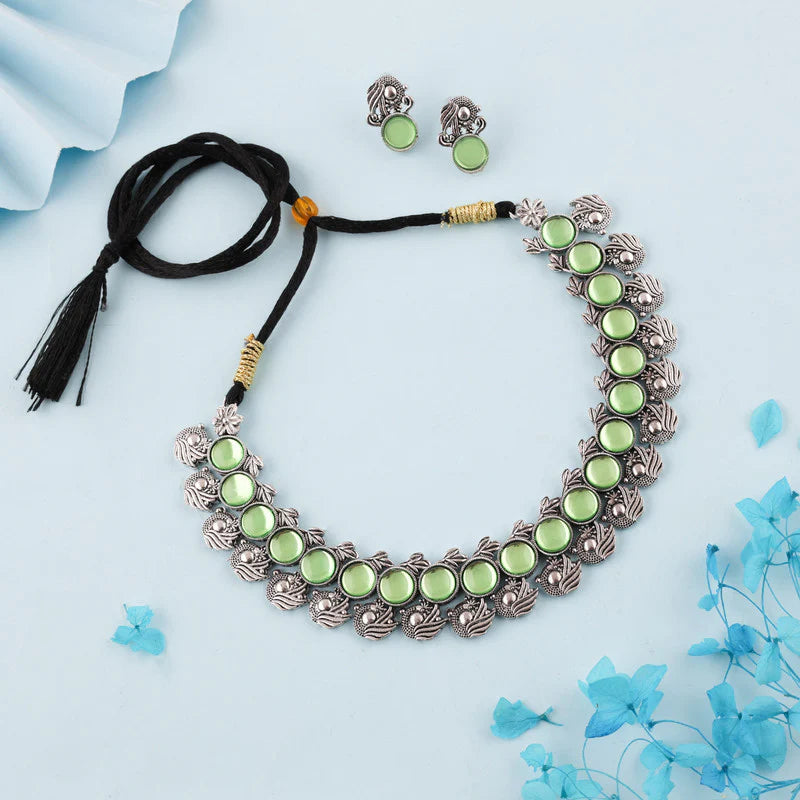 Tehzeeb Creation Silver Plated See Green Colour Stone Jewellery Choker Necklace set with Matching Pair of stud Earrings THZ149
