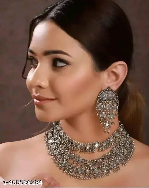 WOMENS SILVER COLOUR ANTIQUE NACKLACE AND EARRINGS WITH MIRROR WORK THZ014