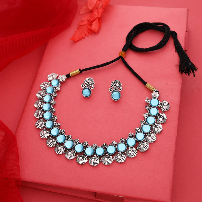 Tehzeeb Creation Silver Plated Sky Blue Colour Stone Jewellery Choker Necklace set with Matching Pair of stud Earrings THZ150