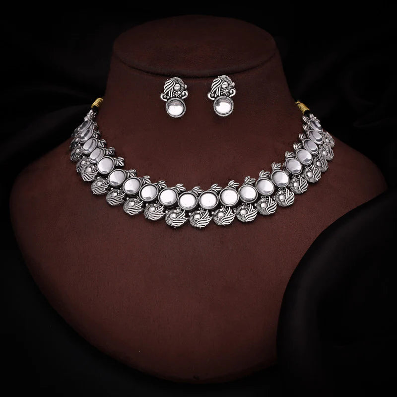 Tehzeeb Creation Silver Plated White Colour Stone Jewellery Choker Necklace set with Matching Pair of stud Earrings THZ151