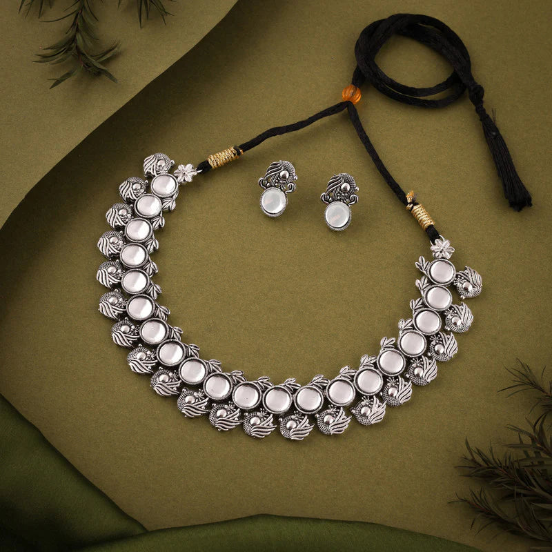 Tehzeeb Creation Silver Plated White Colour Stone Jewellery Choker Necklace set with Matching Pair of stud Earrings THZ151