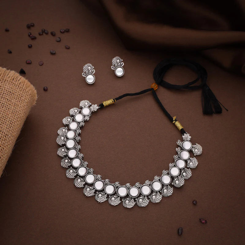 Tehzeeb Creation Silver Plated White Colour Stone Jewellery Choker Necklace set with Matching Pair of stud Earrings THZ151