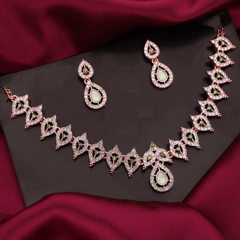 Tehzeeb Creation Sea Green Colour AD Studded Necklace Jewellery set with Matching Earrings for women and Girls THZ156