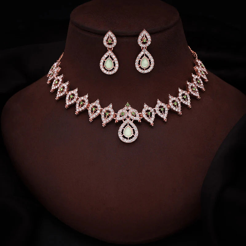 Tehzeeb Creation Sea Green Colour AD Studded Necklace Jewellery set with Matching Earrings for women and Girls THZ156
