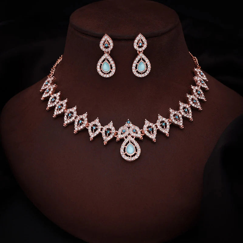 Tehzeeb Creation Sky Blue Colour AD Studded Necklace Jewellery set with Matching Earrings for women and Girls THZ157