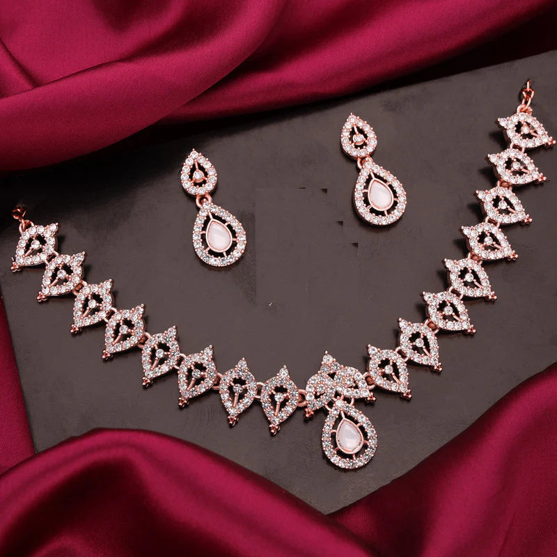 Tehzeeb Creation Baby Pink Colour AD Studded Necklace Jewellery set with Matching Earrings for women and Girls THZ160