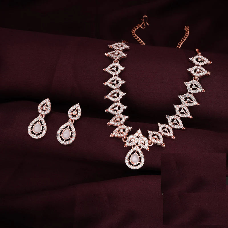 Tehzeeb Creation Baby Pink Colour AD Studded Necklace Jewellery set with Matching Earrings for women and Girls THZ158