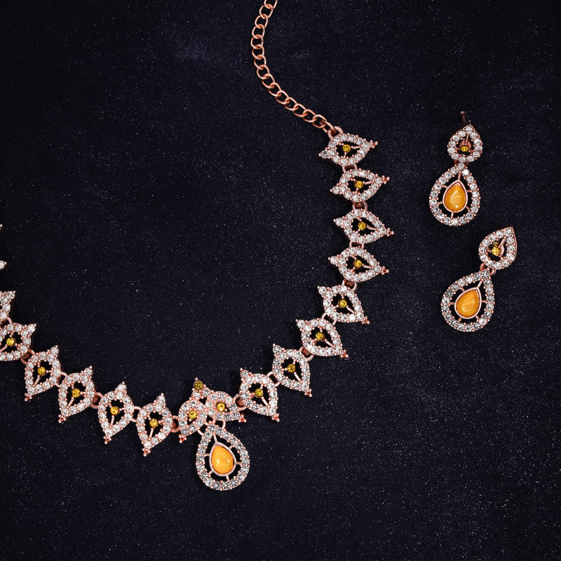 Tehzeeb Creation Yellow Colour AD Studded Necklace Jewellery set with Matching Earrings for women and Girls THZ159