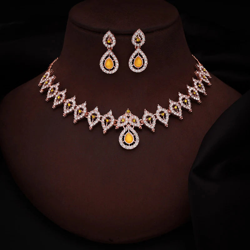 Tehzeeb Creation Yellow Colour AD Studded Necklace Jewellery set with Matching Earrings for women and Girls THZ159