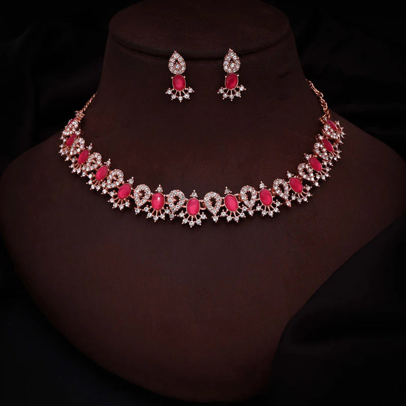 Tehzeeb Creation Red Colour AD Studded Necklace Jewellery set with Matching Earrings for women and Girls THZ166