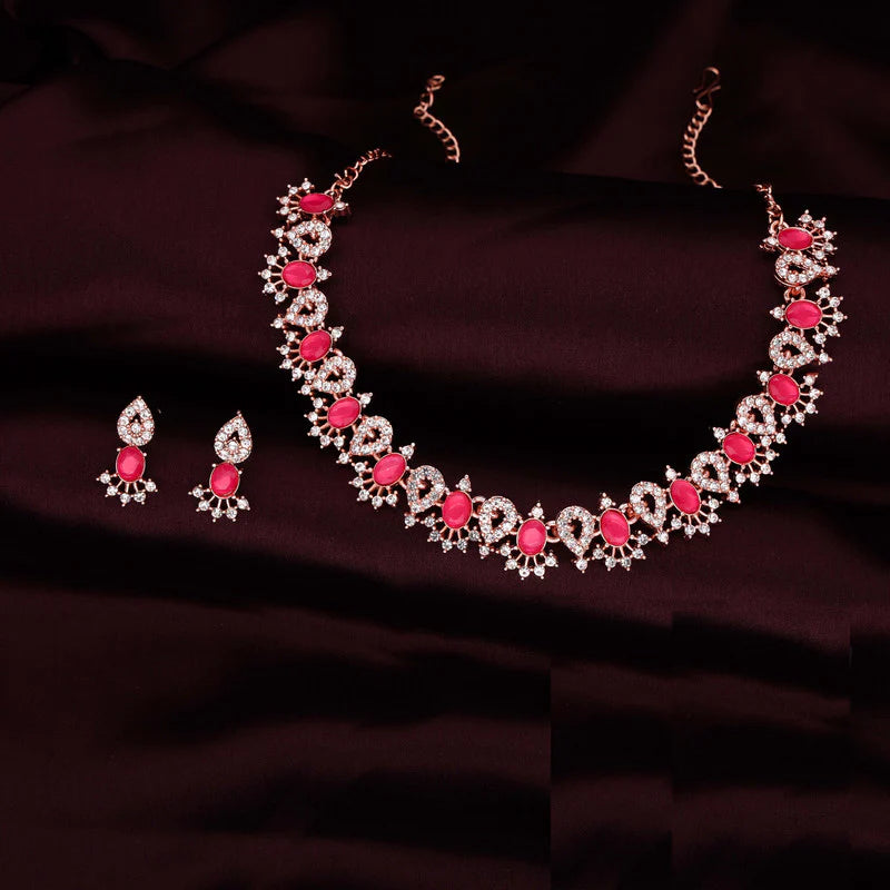 Tehzeeb Creation Red Colour AD Studded Necklace Jewellery set with Matching Earrings for women and Girls THZ166