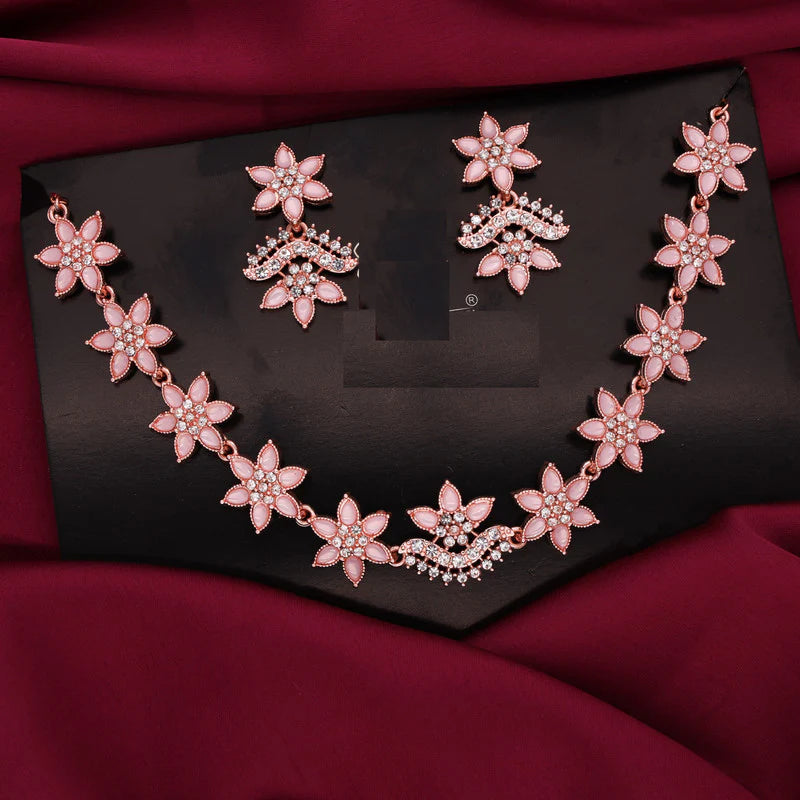 Tehzeeb Creation Baby Pink colour star design stone studded nacklace with earrings THZ174