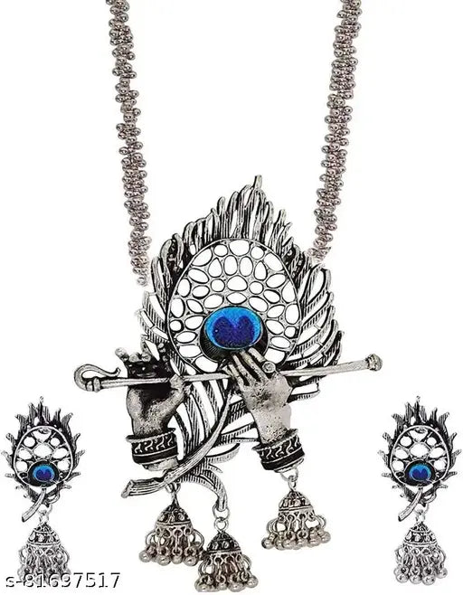 WOMENS SILVER COLOUR OXIDISED NACKLACE AND EARRING BANSURI DESIGN THZ016