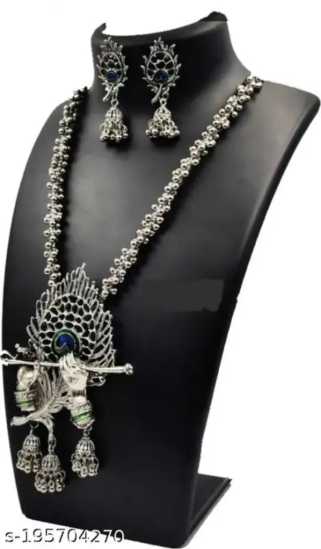 WOMENS SILVER COLOUR OXIDISED NACKLACE AND EARRING BANSURI DESIGN THZ016