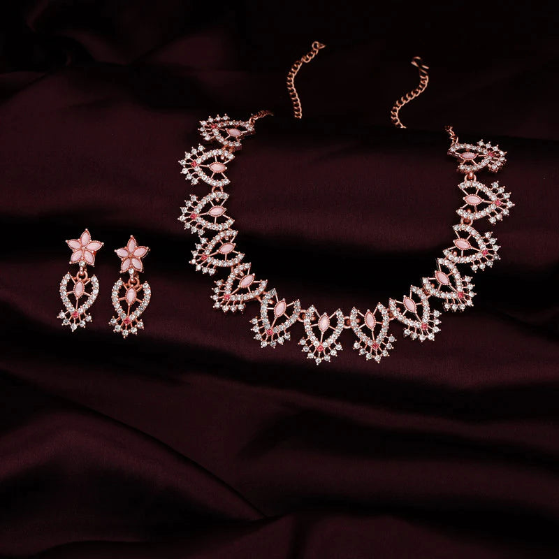 Tehzeeb Creation Baby Pink colour sparkle stone studded nacklace with earrings THZ175