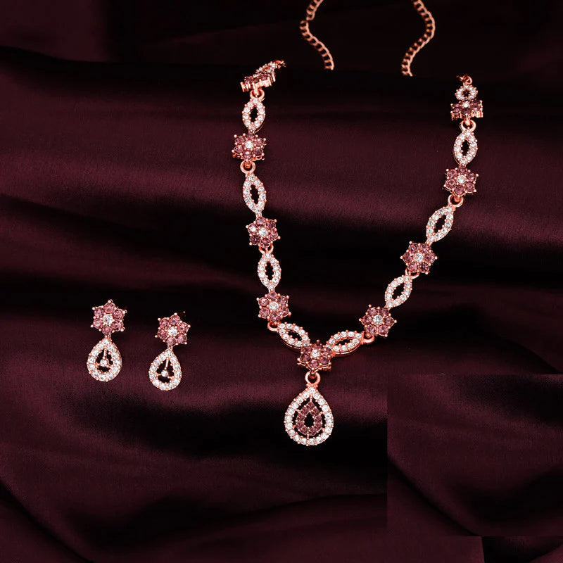 Tehzeeb Creation Elegant Pink polished American Diamond (AD) studded necklace and earring set for women THZ182
