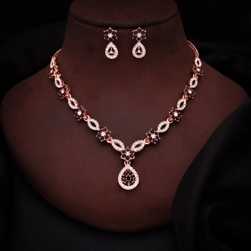 Tehzeeb Creation Elegant MAROON polished American Diamond (AD) studded necklace and earring set for women THZ181