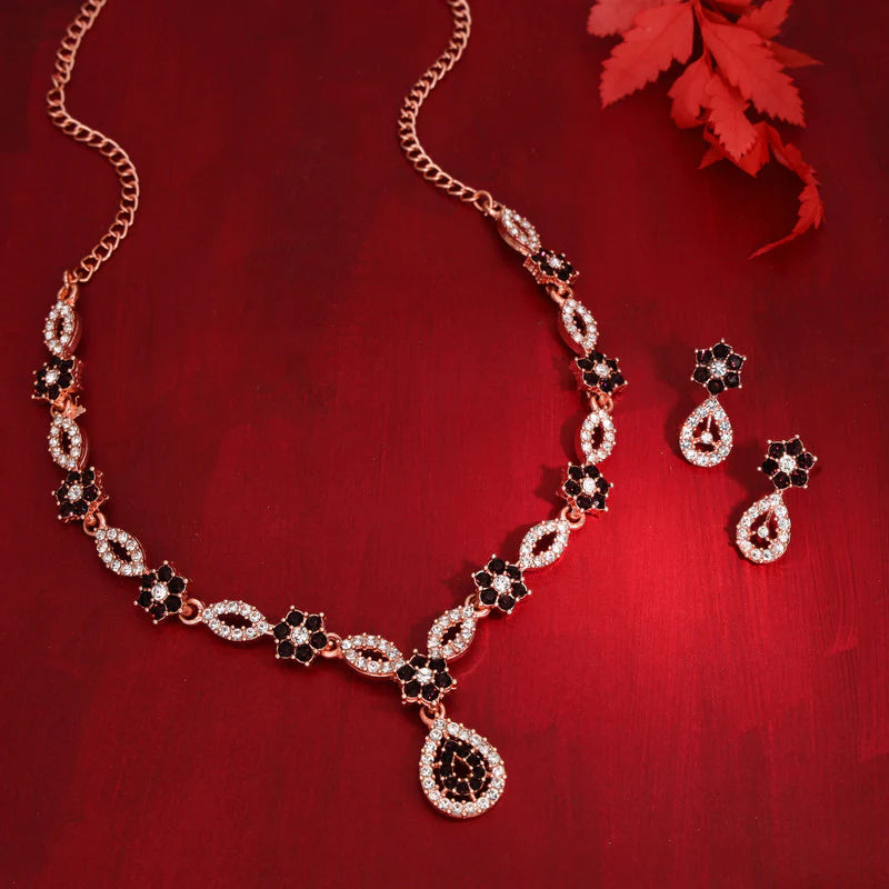 Tehzeeb Creation Elegant MAROON polished American Diamond (AD) studded necklace and earring set for women THZ181