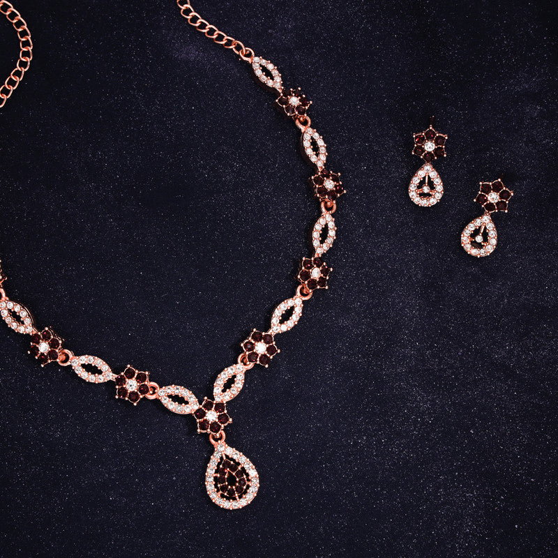 Tehzeeb Creation Elegant MAROON polished American Diamond (AD) studded necklace and earring set for women THZ181