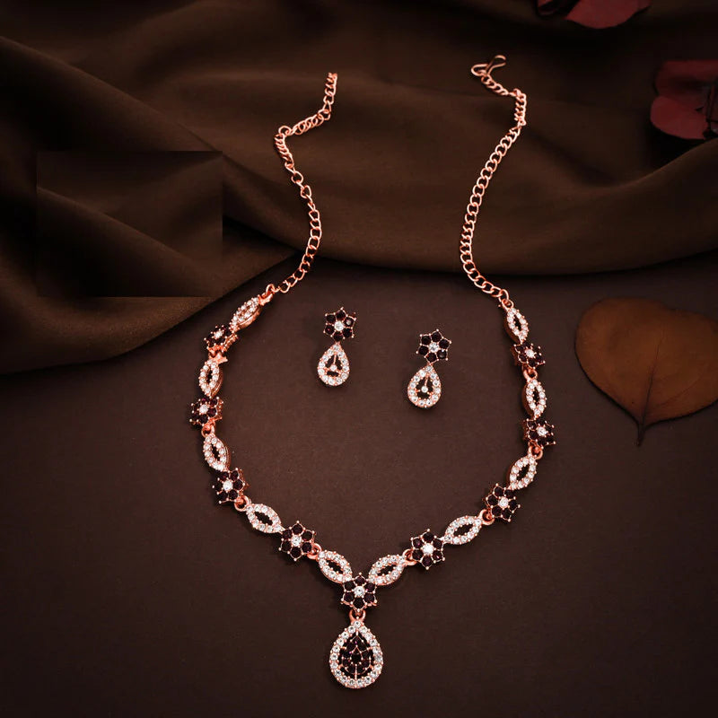 Tehzeeb Creation Elegant MAROON polished American Diamond (AD) studded necklace and earring set for women THZ181