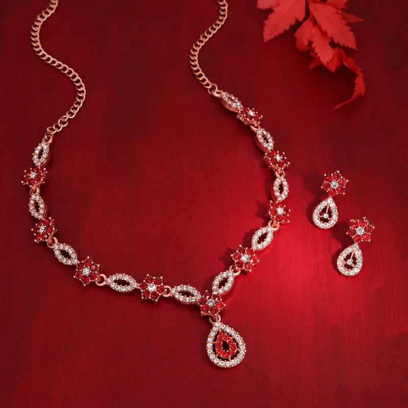 Tehzeeb Creation Elegant Red polished American Diamond (AD) studded necklace and earring set for women THZ183