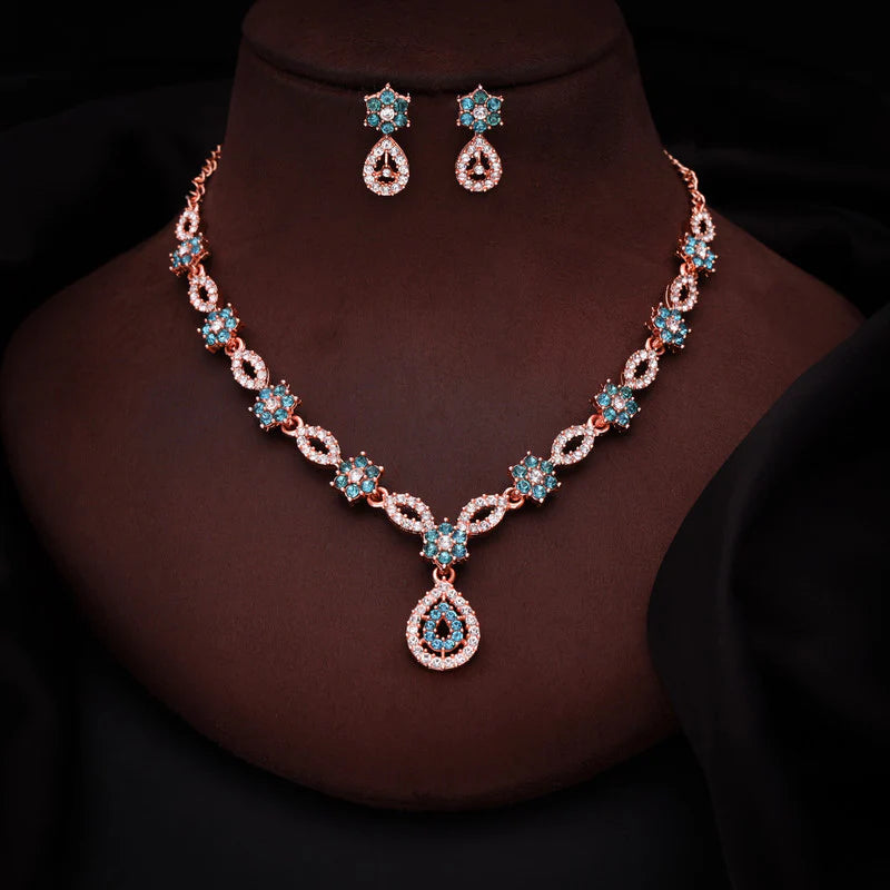 Tehzeeb Creation Elegant Sky Bluepolished American Diamond (AD) studded necklace and earring set for women THZ185