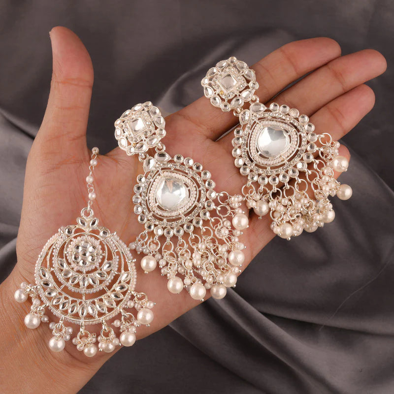 Tehzeeb Creation WHITE GOLD TRANDING STYLE DROP & DANGLERS EARRING with tika FOR GIRLS & WOMEN Diamond, Pearl Brass Drops THZ189