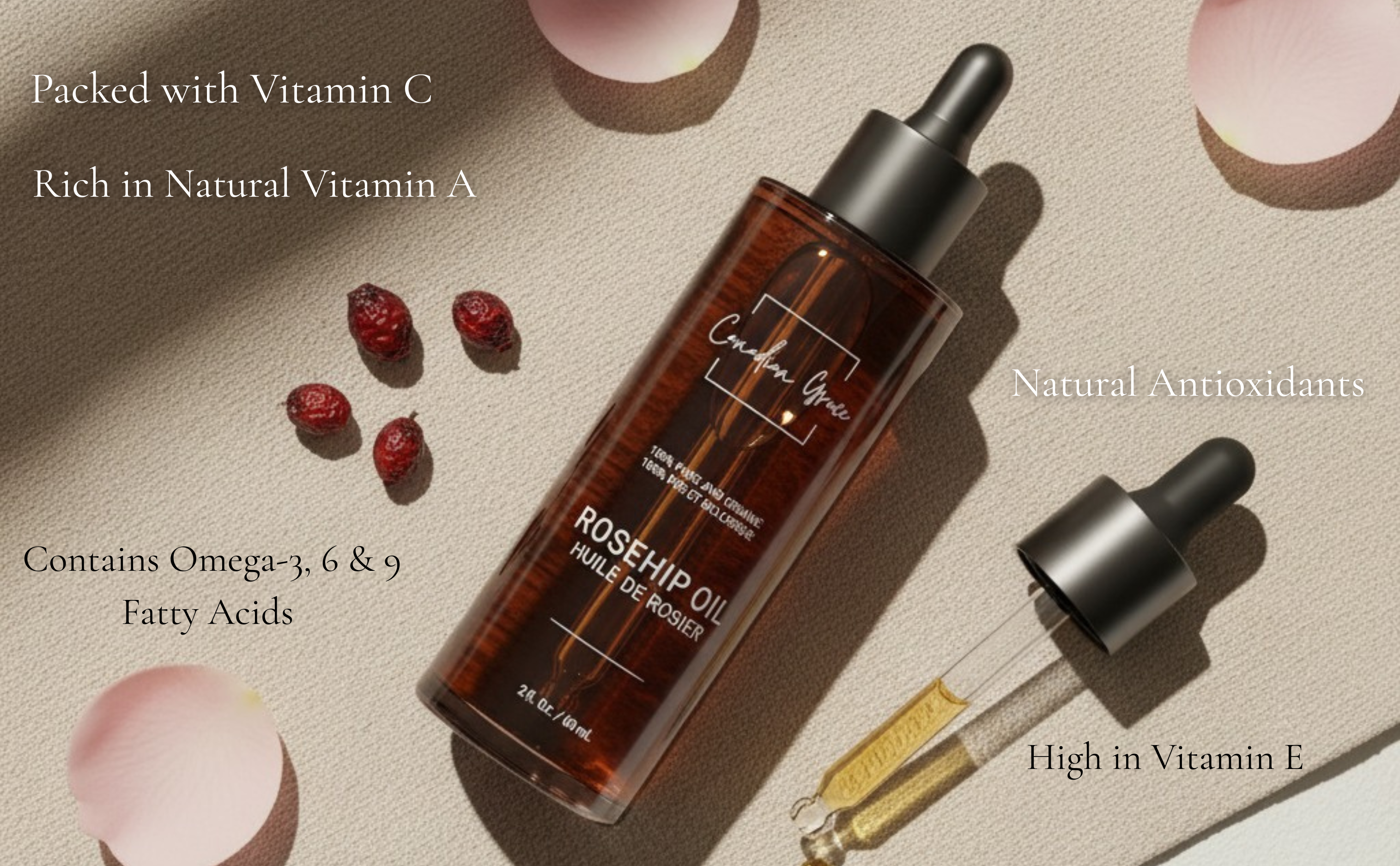 Canadian Grace 100% Organic Rosehip Oil – Cold-Pressed, Pure & Premium for Skin Rejuvenation & Hydration
