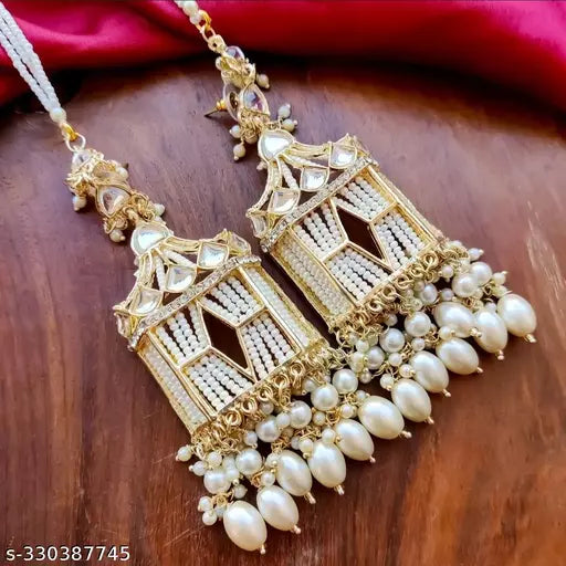 Tehzeeb Creation Stylish White Pearls Doli-Palki Kundan Earrings With EarChain With Tika Gold-Plated Kundan Studded Beads Beaded Drop Earings With Earchain Long Earring Set THZ193