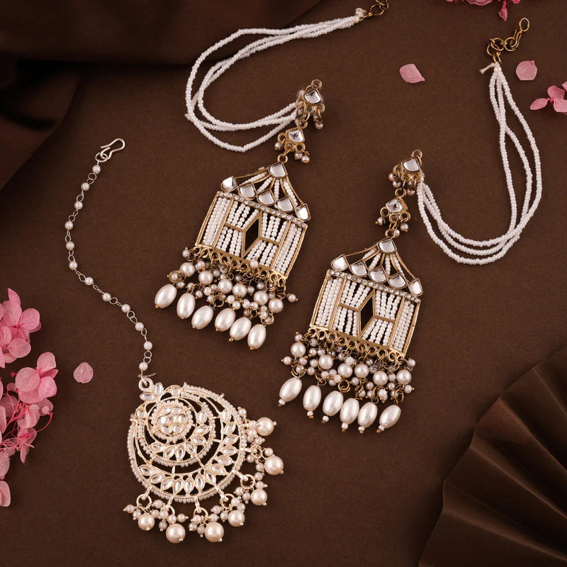 Tehzeeb Creation Stylish White Pearls Doli-Palki Kundan Earrings With EarChain With Tika Gold-Plated Kundan Studded Beads Beaded Drop Earings With Earchain Long Earring Set THZ193