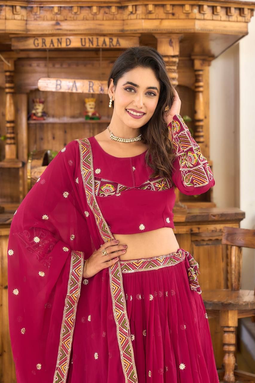 Aastha fashion Magenta Faux Georgette lehanga blouse fabric Heavy Sequence and Thread Embroidery Work