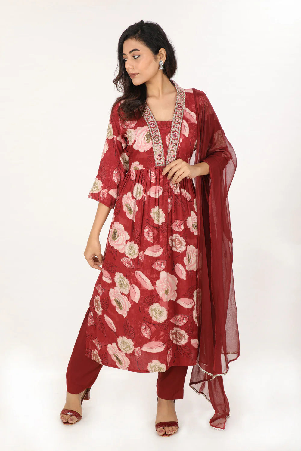 Suvesha Nyra Cut Straight Suit Set With Dupatta - Wine Red