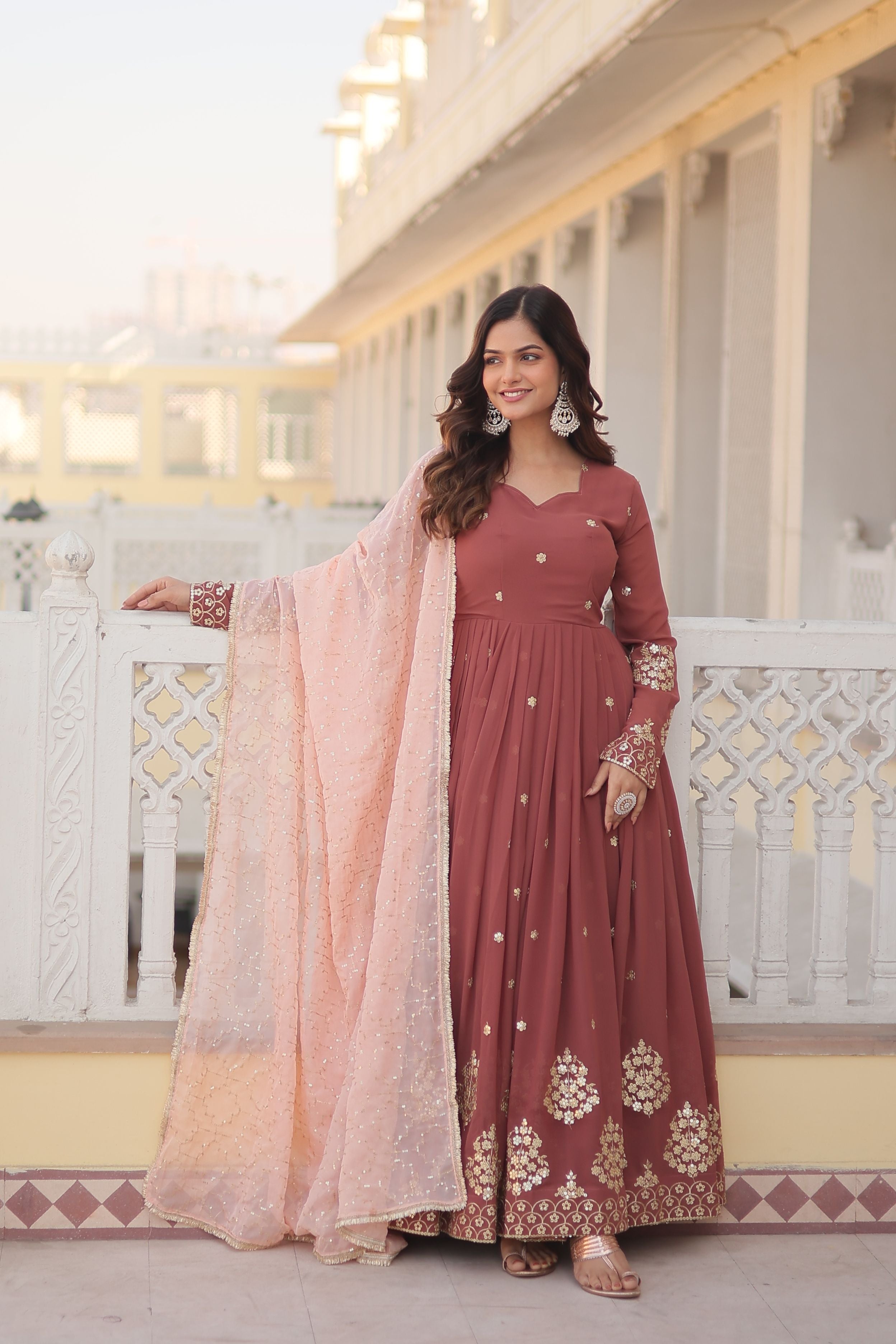 Aastha Dusty Rose Faux Georgette Russian Silk with Gown Embroidered