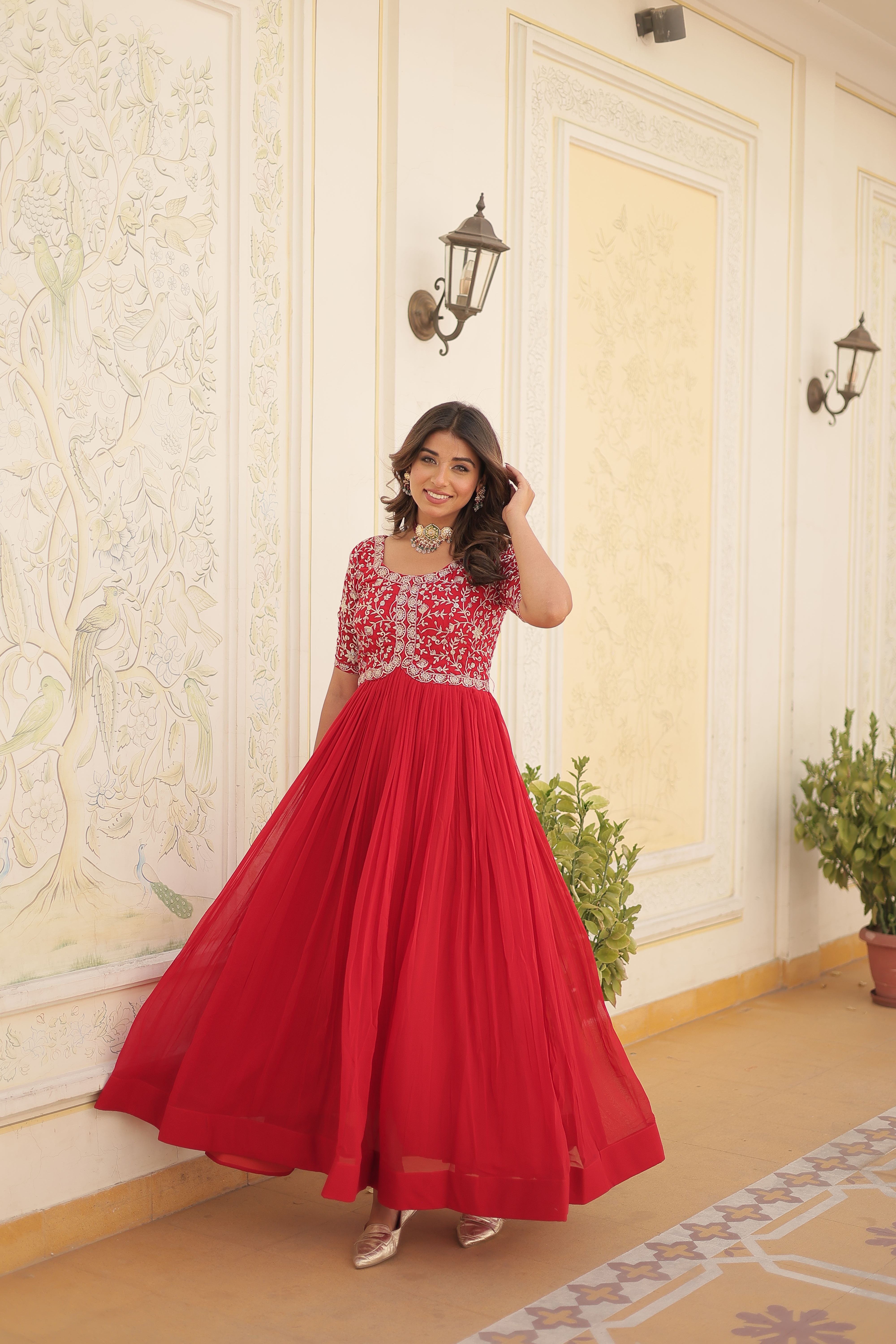 Aastha red Faux Blooming with Gown fabric Embroidery Zari Sequins-work