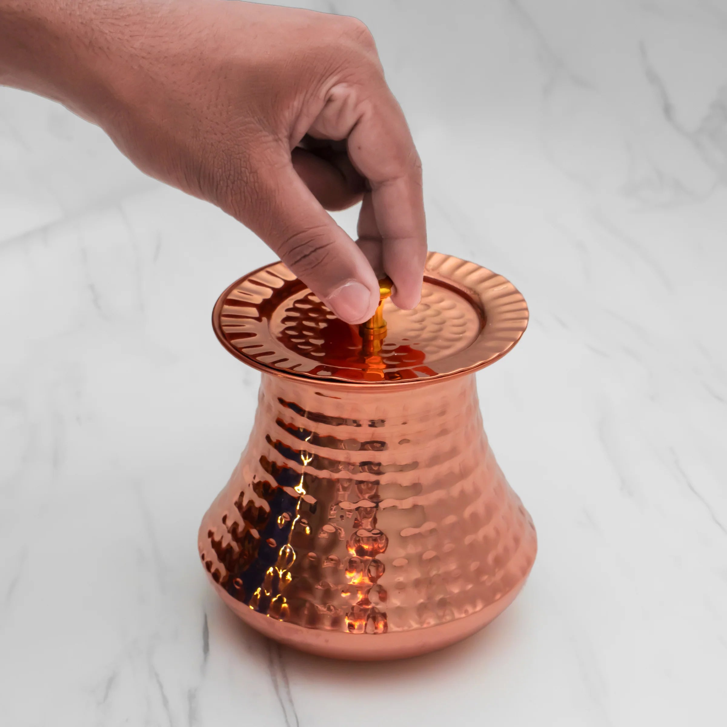 Health Smith Pure Copper Pistachio Lota with Hammered Finish With Lid – Lacquer Coated for Long Life