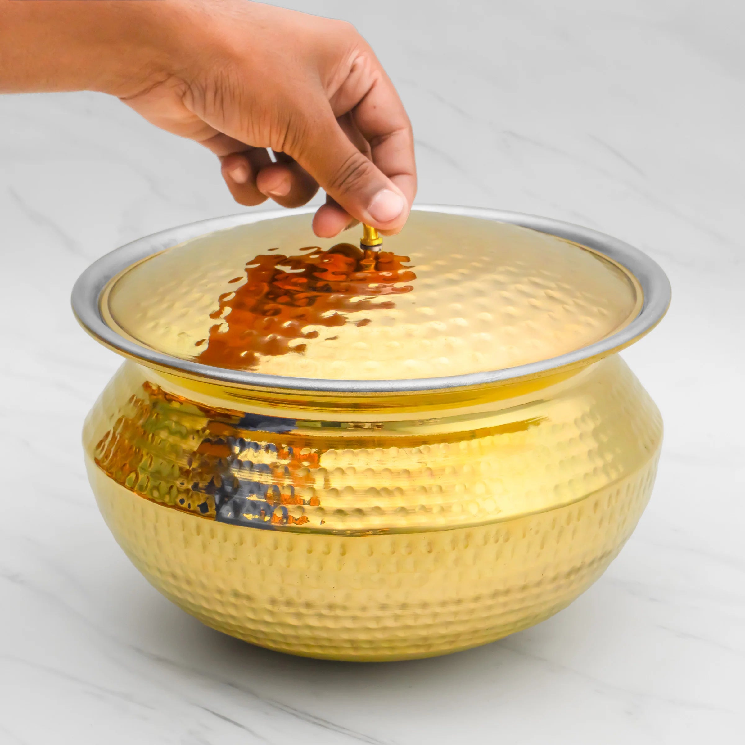 Health Smith Pure Brass Round Handi With Lid for Cooking – Tin Coated (Kalai) – Handcrafted Hammered & Traditional Design