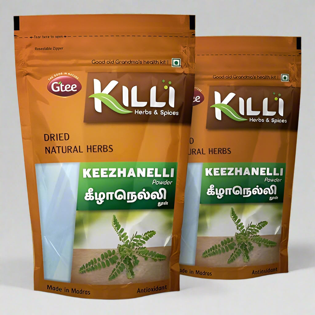 Two packages of KILLI Keelanelli herb mix, with the product visible through a clear window, highlighting the natural herbs inside. Packaging is in brown and white with green accents and text.