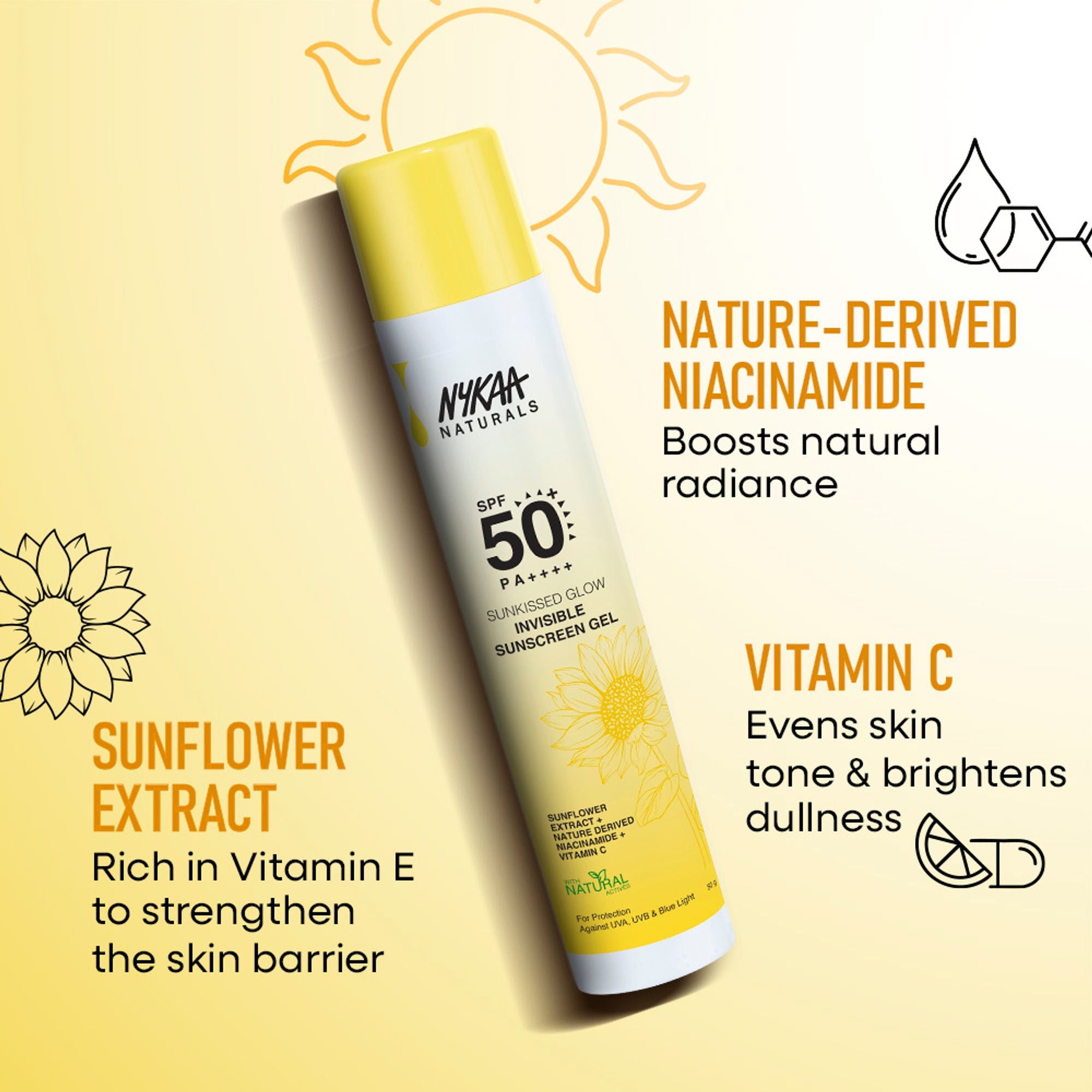 Nykaa Naturals SUNKISSED GLOW Invisible Sunscreen Gel SPF 50 PA++++ with Niacinamide and Vitamin C