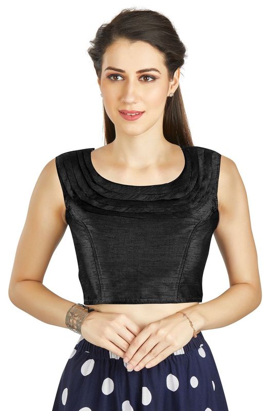 Aastha fashion Black Art Silk Pleated Boat Neck Blouse Work Plain