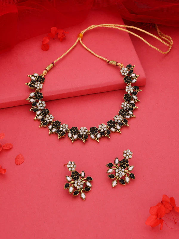 Tehzeeb Creation Black & White Gold pleated stone studded Nacklace with earrings THZ201