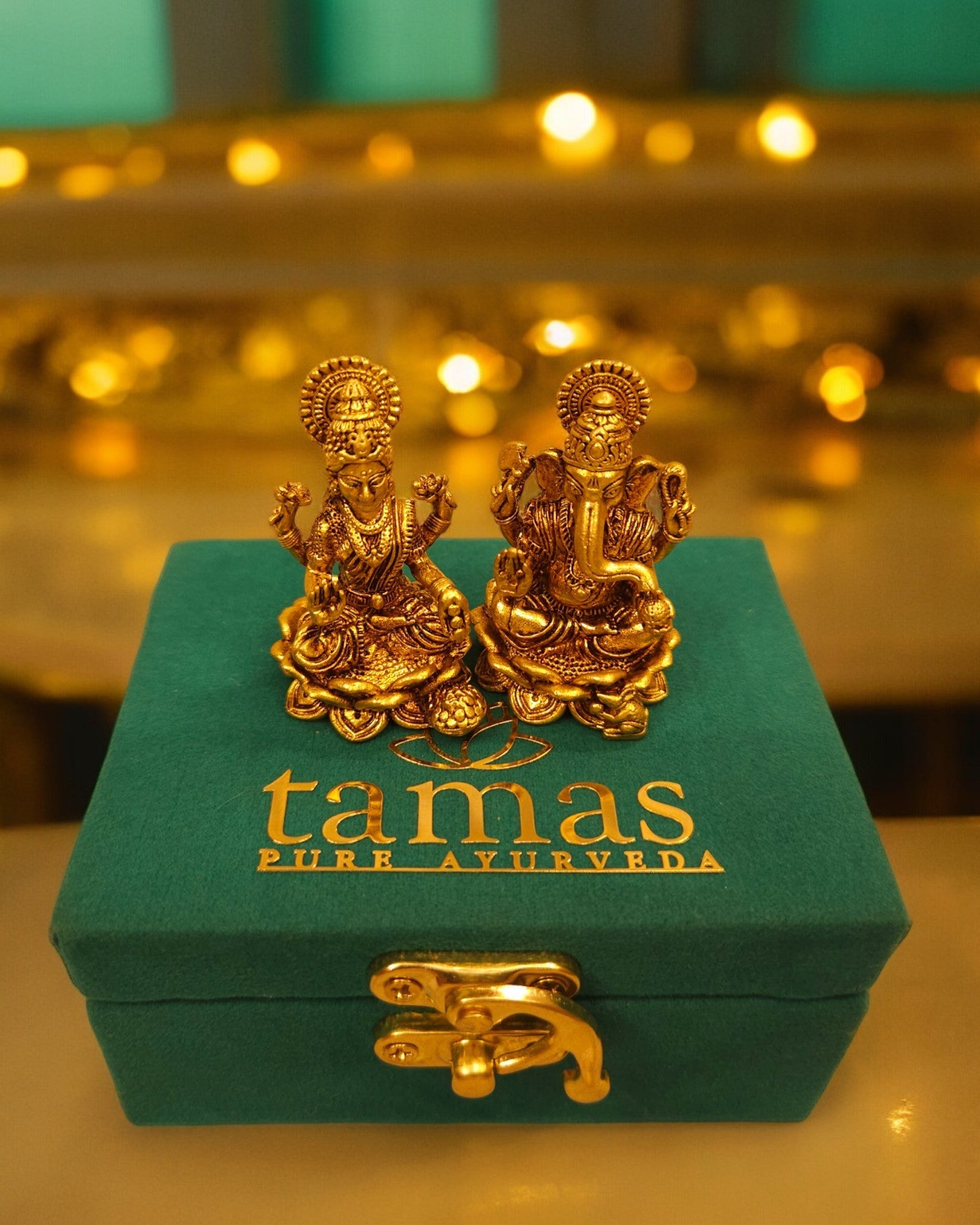 Tamas Pure Lord Ganesh Lakshmi Statue/Idol (Golden) | Free Premium Gift Box