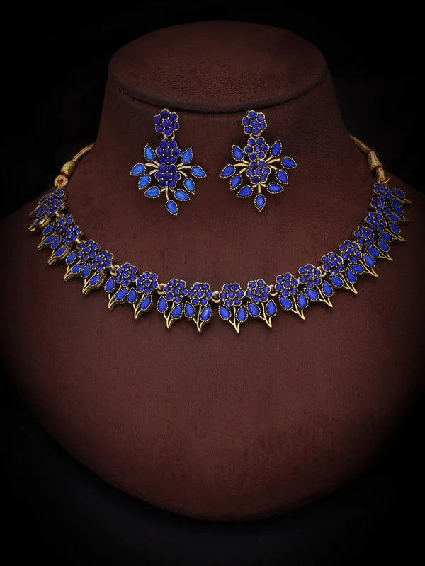 Tehzeeb Creation Blue colour Gold pleated stone studded Nacklace with earrings THZ202