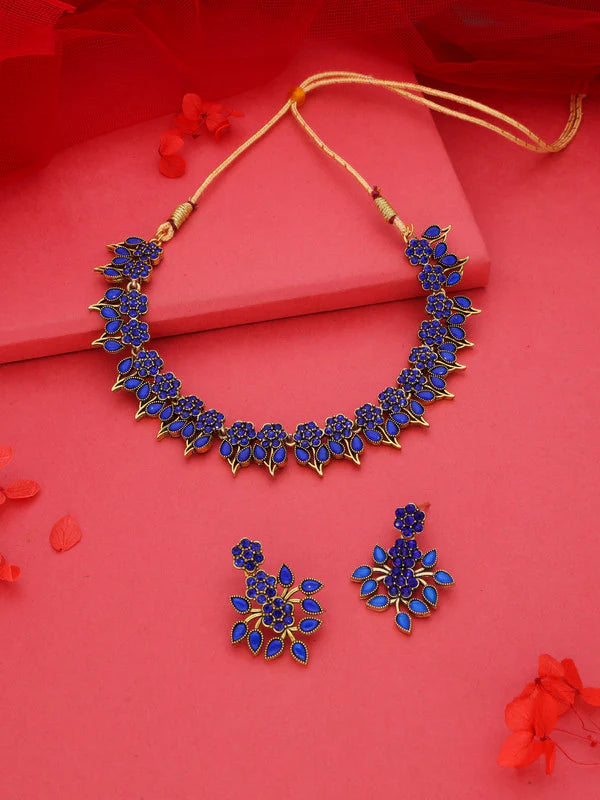 Tehzeeb Creation Blue colour Gold pleated stone studded Nacklace with earrings THZ202