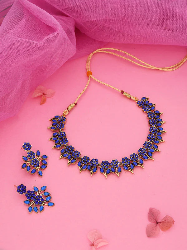 Tehzeeb Creation Blue colour Gold pleated stone studded Nacklace with earrings THZ202