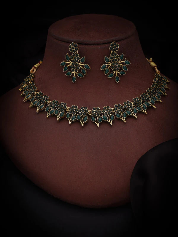 Tehzeeb Creation Sea Green colour Gold pleated stone studded Nacklace with earrings THZ208
