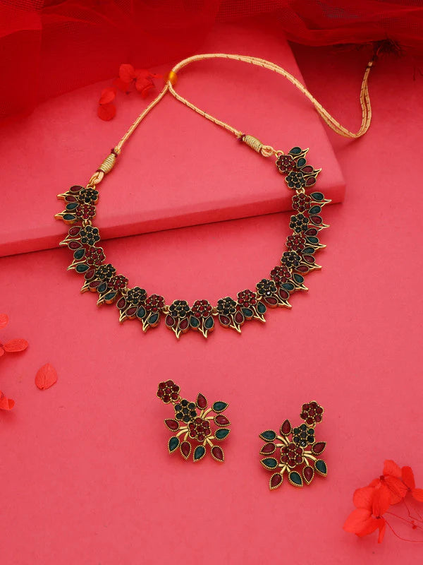 Tehzeeb Creation Green & Maroon colour Gold pleated stone studded Nacklace with earrings THZ204