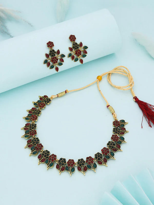 Tehzeeb Creation Green & Maroon colour Gold pleated stone studded Nacklace with earrings THZ204