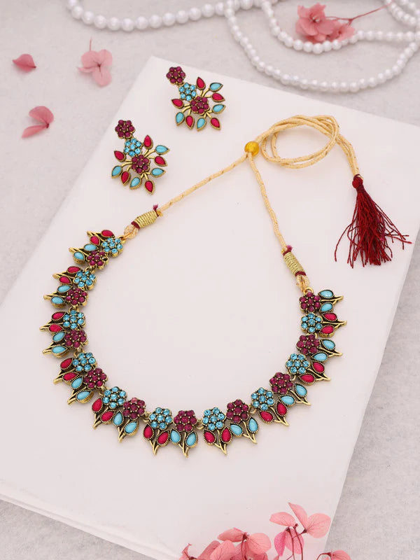Tehzeeb Creation Pink & Sky Blue colour Gold pleated stone studded Nacklace with earrings THZ207